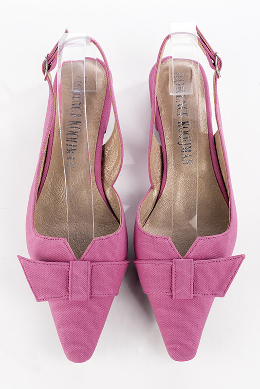 Hot pink women's open back shoes, with a knot. Tapered toe. Low block heels. Top view - Florence KOOIJMAN